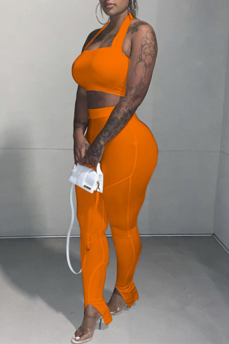 Orange Sexy Casual Solid Backless Halter Sleeveless Two Pieces