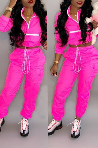 Rose Red Trendy Patchwork Two-piece Pants Set