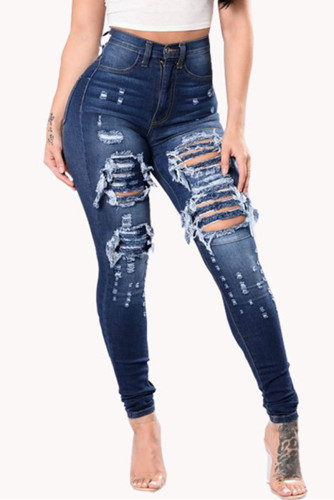 Dark Blue Fashion Casual Denim Trousers