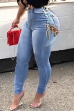 Light Blue Fashion Sexy Solid Hollowed Out High Waist Jeans