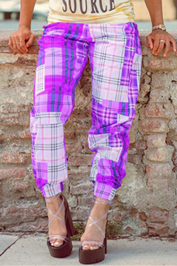 Purple Fashion Casual Plaid Print Basic Regular Mid Waist Trousers
