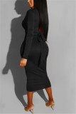 Black OL adult Fashion Cap Sleeve Long Sleeves O neck Step Skirt Mid-Calf bandage Solid