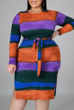Multicolor Fashion Casual Plus Size Print Basic O Neck Printed Dress