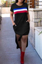 Black Fashion Casual Striped Print Slit O Neck Short Sleeve Dress