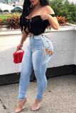 Medium Blue Fashion Sexy Solid Hollowed Out High Waist Jeans