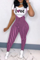Pink Fashion Casual Letter Plaid Print Basic O Neck Short Sleeve Two Pieces