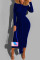 Dark Blue OL adult Fashion Cap Sleeve Long Sleeves O neck Step Skirt Mid-Calf bandage Solid