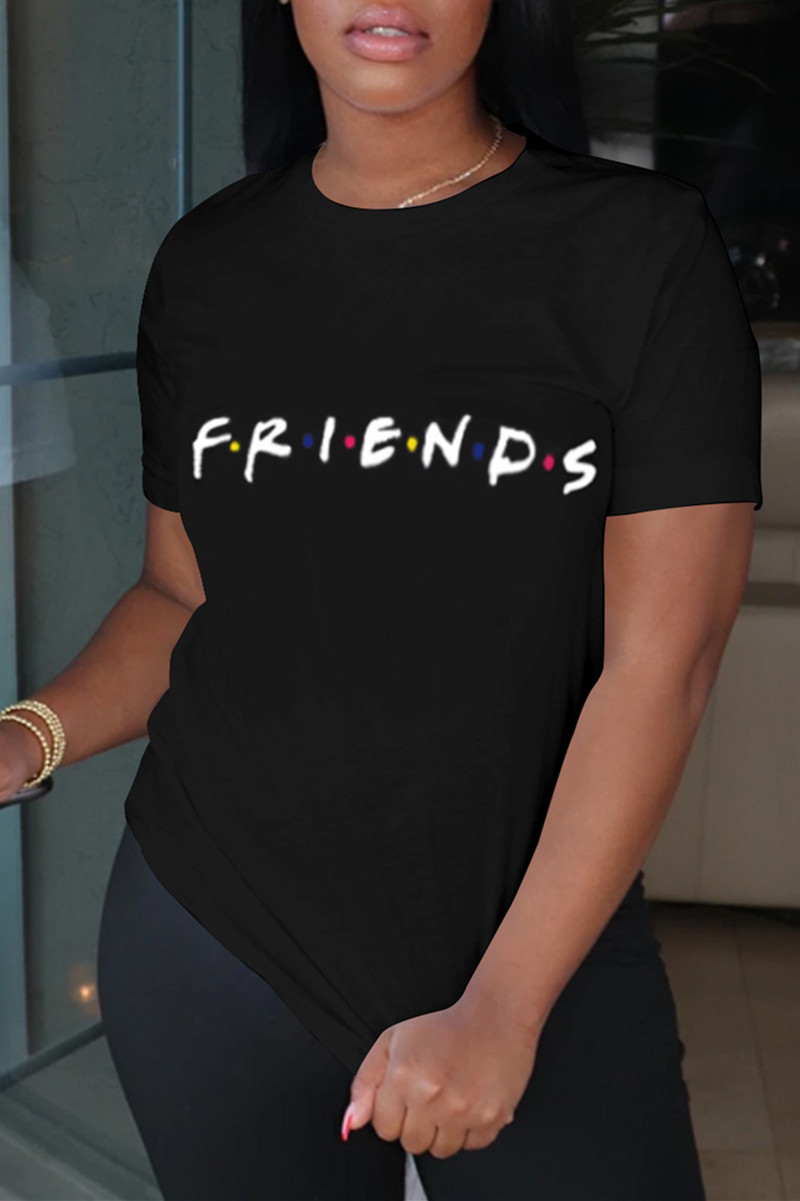 

Black Fashion Casual Letter Print Basic O Neck Tops