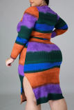 Multicolor Fashion Casual Plus Size Print Basic O Neck Printed Dress