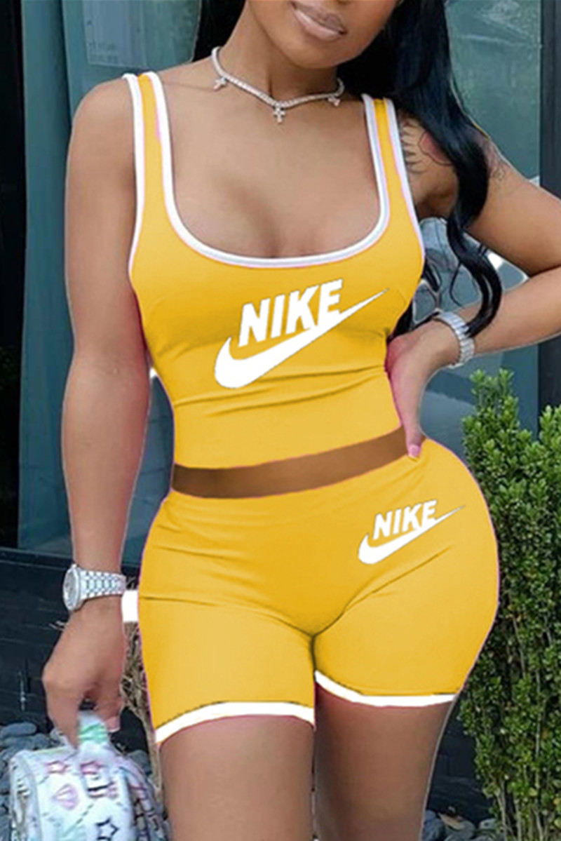 

Yellow Fashion Casual Letter Print Basic O Neck Sleeveless Two Pieces