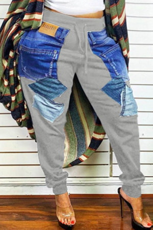 Grey Fashion Casual Patchwork Basic Plus Size Trousers