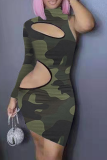 Camouflage Sexy Camouflage Print Split Joint Turtleneck Pencil Skirt Dresses