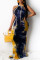 Deep Blue Fashion Sexy Print Tie-dye O Neck Sleeveless Dress