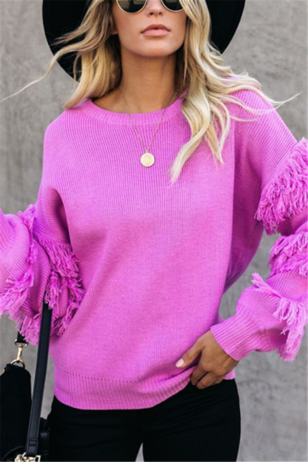 Pink Fashion Casual Tassel Long Sleeve Sweater