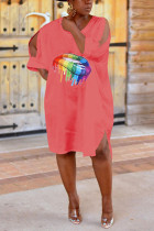 WatermelonRed Fashion Lips Positioning Print Dress