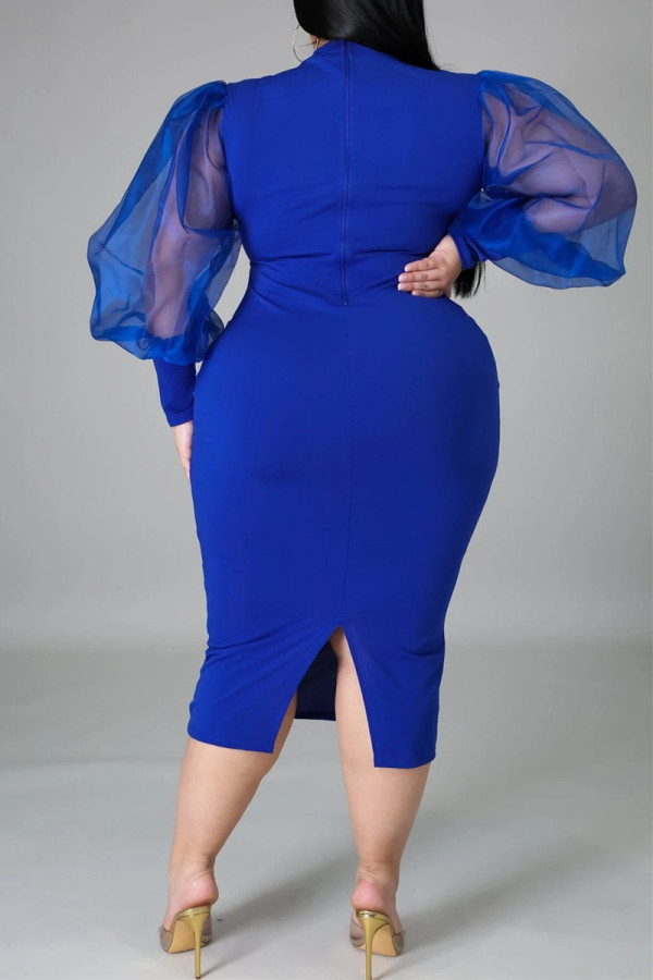 Plus Size Tie Neck Long Sleeve Slit Dress
