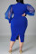 Blue Fashion Casual Solid Patchwork Slit O Neck Long Sleeve Plus Size Dress