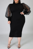 Blue Fashion Casual Solid Patchwork Slit O Neck Long Sleeve Plus Size Dress