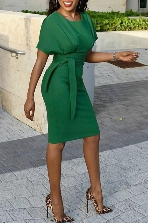 Green Trendy Lace-up Knee Length Dress