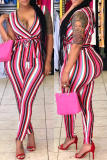 Pink Fashion Casual Striped Print With Belt V Neck Regular Jumpsuits