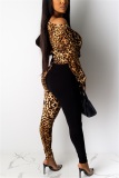 Black Fashion Sexy Leopard Stitching Oblique Shoulder Two-Piece Suit