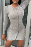 Grey Sexy Casual Solid Patchwork O Neck Long Sleeve Dresses