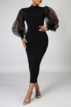Black Fashion Casual Solid Split Joint Half A Turtleneck Long Sleeve Dresses