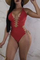 Red Chic Lace-up One-piece Swimwears