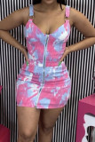 Pink Sexy Casual Print Tie-dye Backless V Neck Sling Dress Dresses