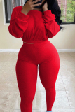 Red Fashion Casual Solid Basic O Neck Plus Size Set