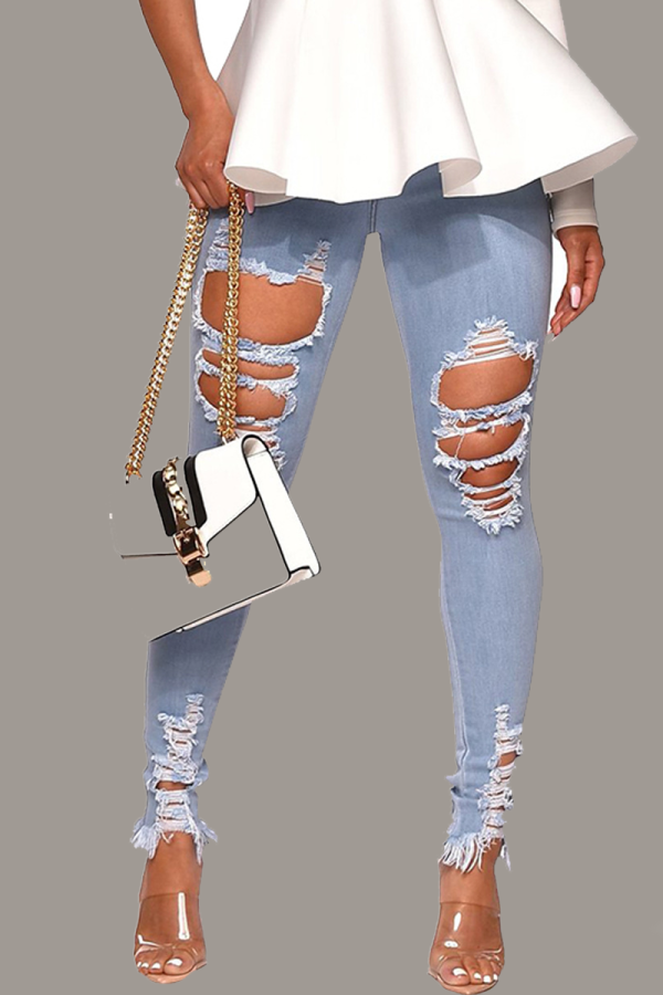 Baby Blue Casual Patchwork Ripped Mid Waist Skinny Denim