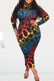 Colour Fashion Casual Print Basic Half A Turtleneck Long Sleeve Plus Size Dress