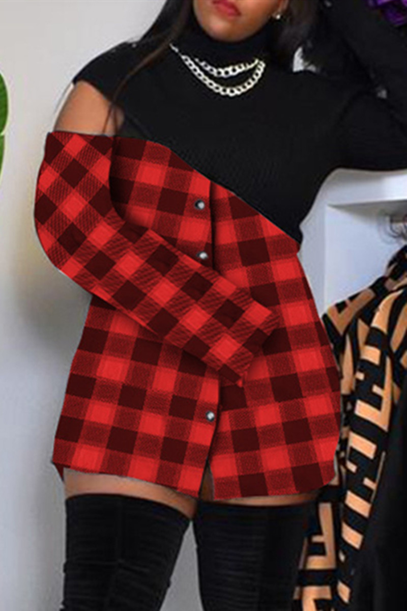 

Red Casual Plaid Split Joint Turtleneck Tops