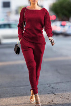 Wine Red Trendy Pockets Blending Two-piece Pants Set