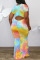 Blue Fashion Casual Print Hollowed Out Tie-dye O Neck Short Sleeve Dress