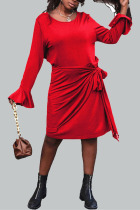 Red Elegant Solid O Neck Dresses