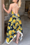 Black Yellow Fashion Sexy Print Backless Halter Sleeveless Dress