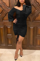 Black Fashion Sexy Off The Shoulder Long Sleeves One word collar Pencil Dress Mini Draped Patchwork  Club 