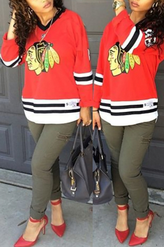 Red Fashion Long Sleeves Striped sweats