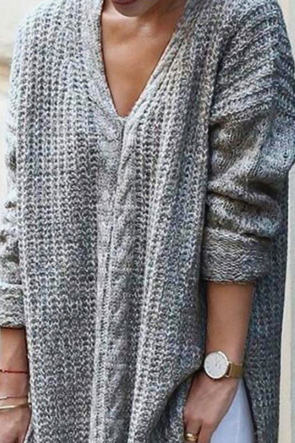 Grey Casual Long Sleeves Knitting Sweaters