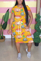 Yellow Fashion Casual Printed Short Sleeve Dress