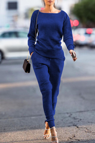 Royal blue Trendy Pockets Blending Two-piece Pants Set