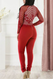 Red Work Daily Print See-through O Neck Regular Jumpsuits
