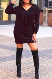 Black Fashion Casual Solid Tassel V Neck Long Sleeve Dresses