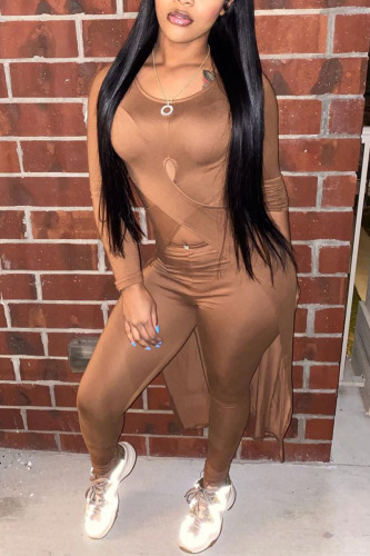 Brown Sexy Solid Patchwork O Neck Long Sleeve Two Pieces