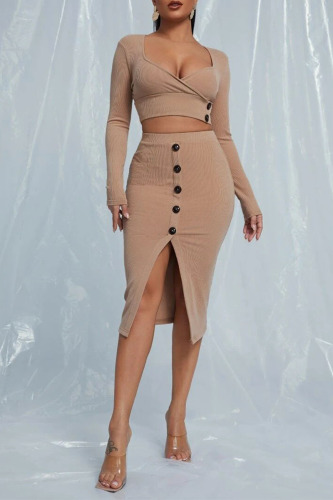 Khaki Elegant Solid Patchwork Slit Square Collar Long Sleeve Two Pieces