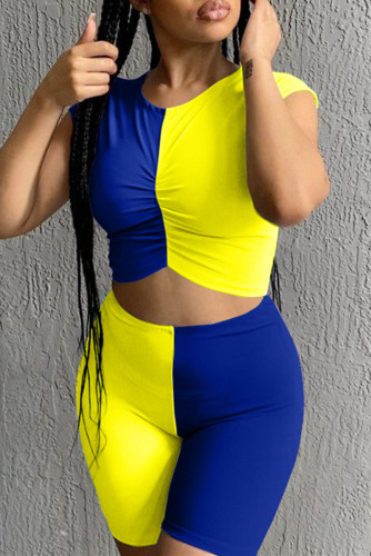 Blue Yellow Fashion Casual Patchwork Basic O Neck Short Sleeve Two Pieces