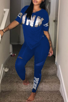 Blue Casual Print Sequins Letter O Neck Short Sleeve Two Pieces