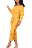 Yellow Fashion Sexy Adult Twilled Satin Solid Patchwork Draw String Bateau Neck Straight Jumpsuits