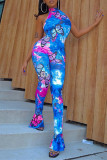 Blue Fashion Sexy Butterfly Print Backless Half A Turtleneck Jumpsuits